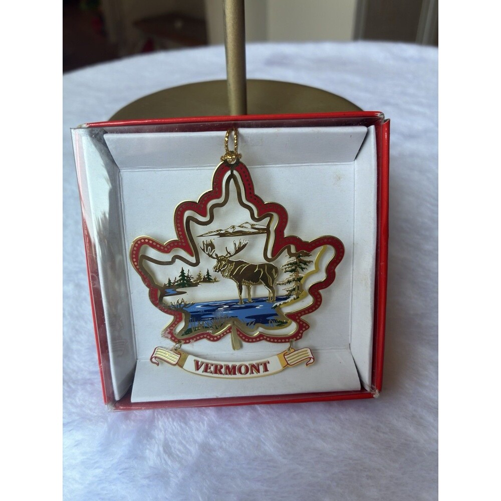 Nation’s Treasures Vintage Vermont MultiLayered Brass Ornament Moose Maple RARE